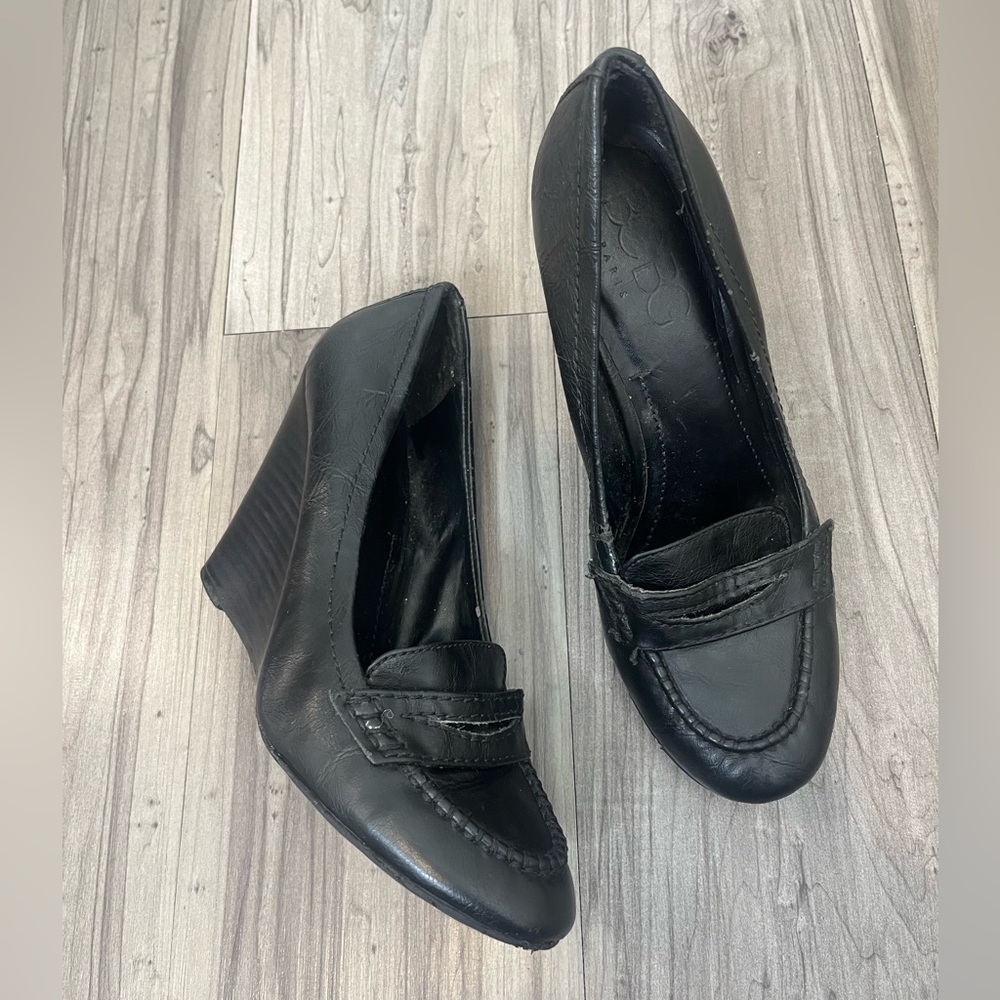 BCBG Black Leather Wedge Loafers